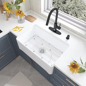 Fireclay 30 in. Single Bowl Frame Design Reversible Installation Farmhouse Apron Kitchen Sink with Grid and Strainer