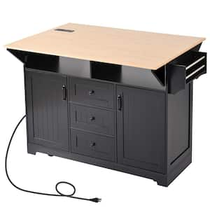 Black Wood MDF 55.7 in. W Rolling Kitchen Island on 5-Wheels with 2-Drop Leaf, Power Outlet, Spice and Towel Rack