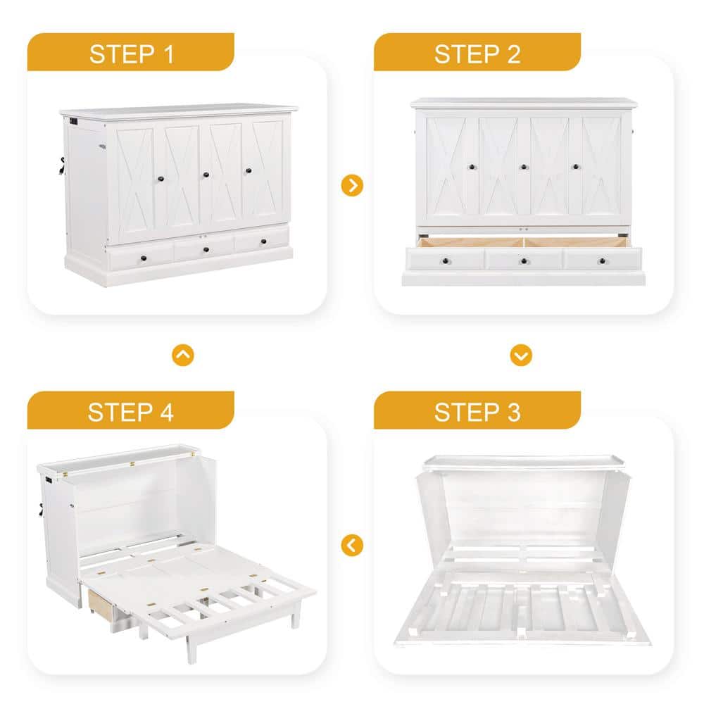 White Wood Frame Queen Size Murphy Bed, Chest Cube Cabinet Bed with Charging Station and Large Storage Drawer - thumbnail 7