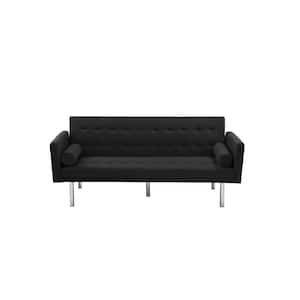 68.5 in Wide Square Arm Modern Faux Leather Accent Straight Sleeper Sofa With Metal Silver Leg For Living Room in Black