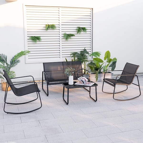 FORCLOVER 4-Piece Metal Patio Conversation Set with Glass-Top Table