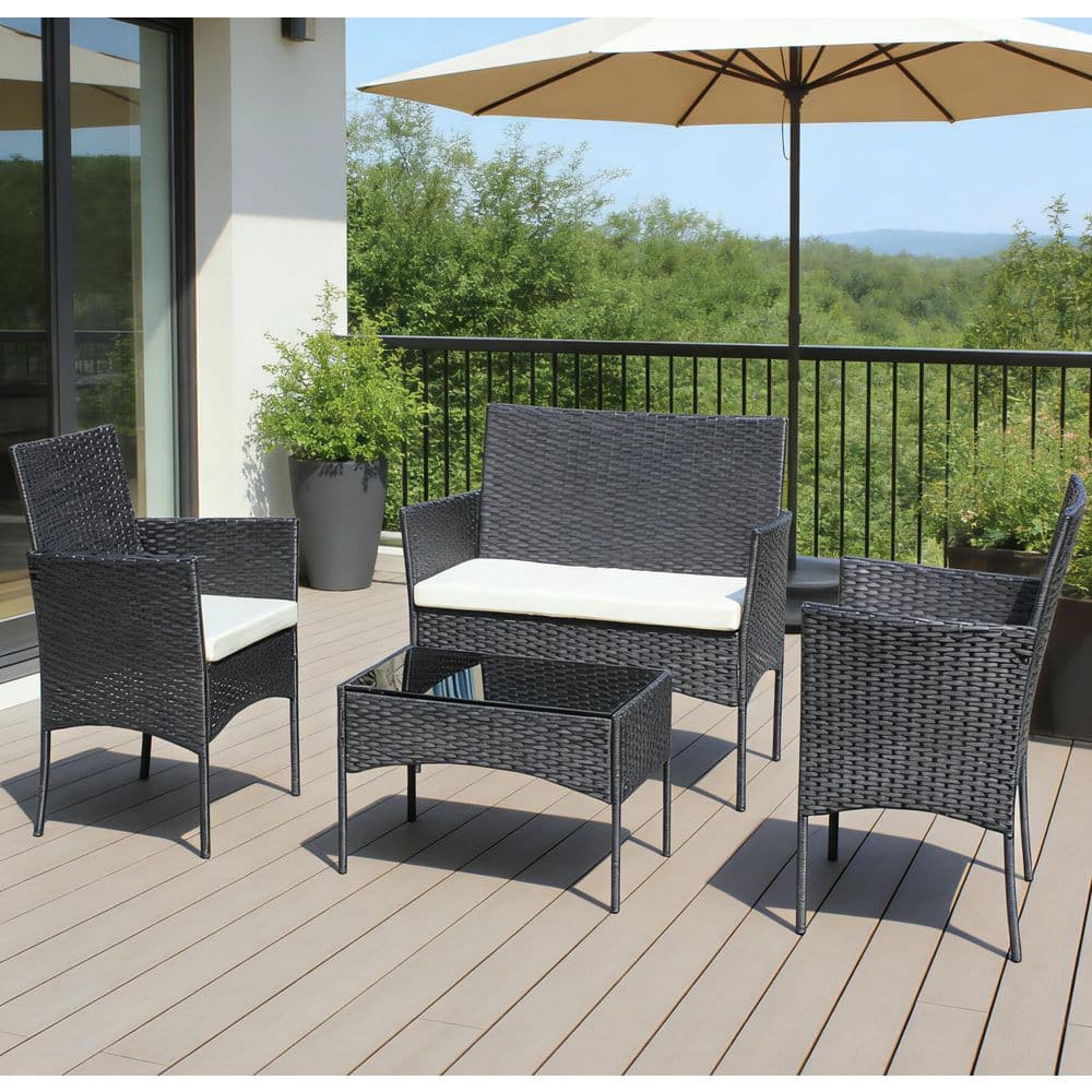 4-Piece Wicker Patio Conversation Set with Tempered Glass Top Table and ...