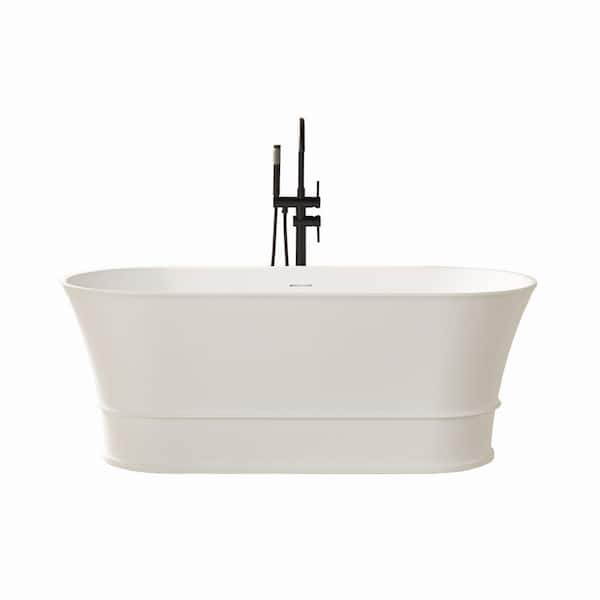 Vanity Art 67 in. x 32 in. Freestanding Oval Soaking Stone Resin Bathtub in Glossy White with Pure White Overflow and Pop Up Drain