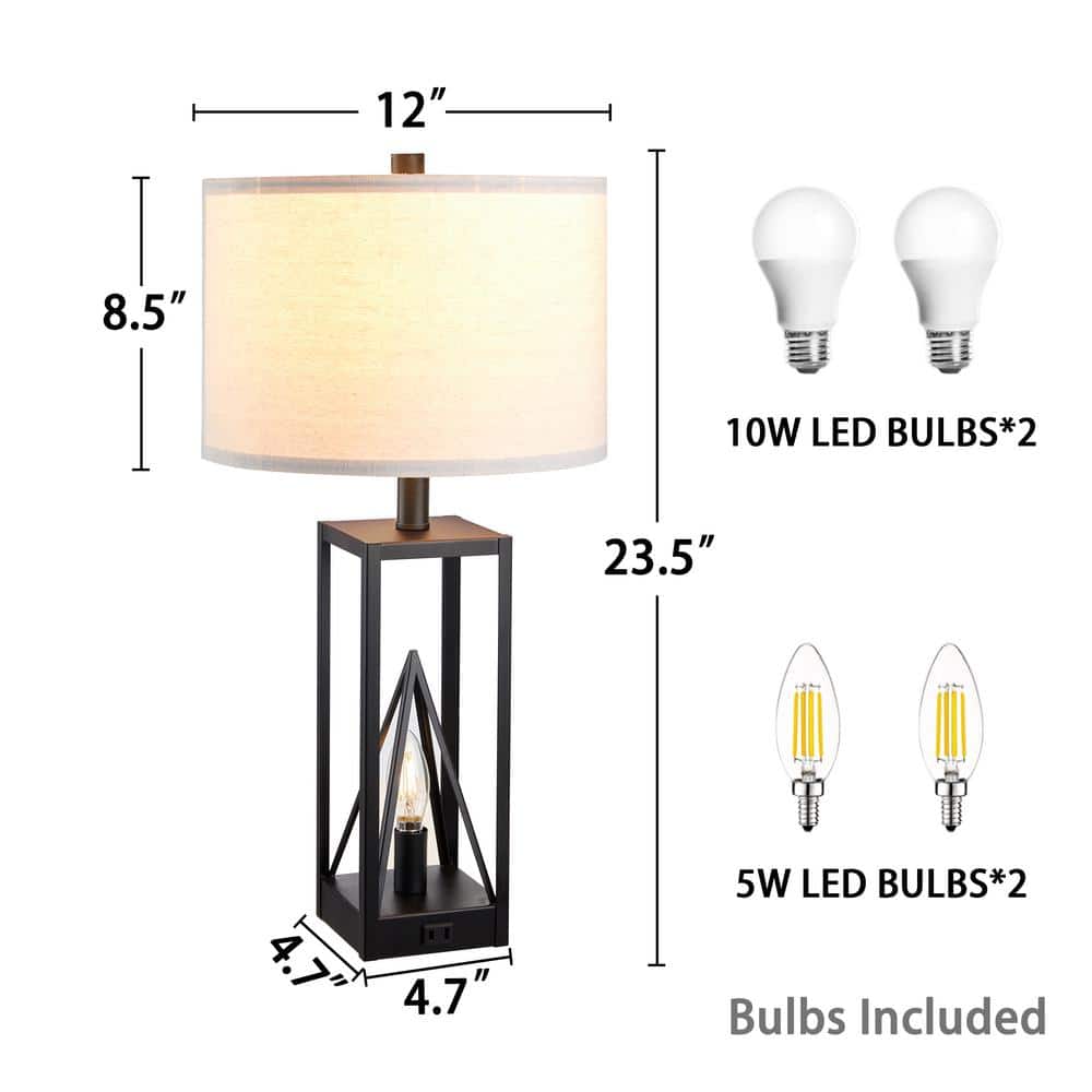 Black Metal 23.5'' Table Lamp Set with USB Ports and Night Light