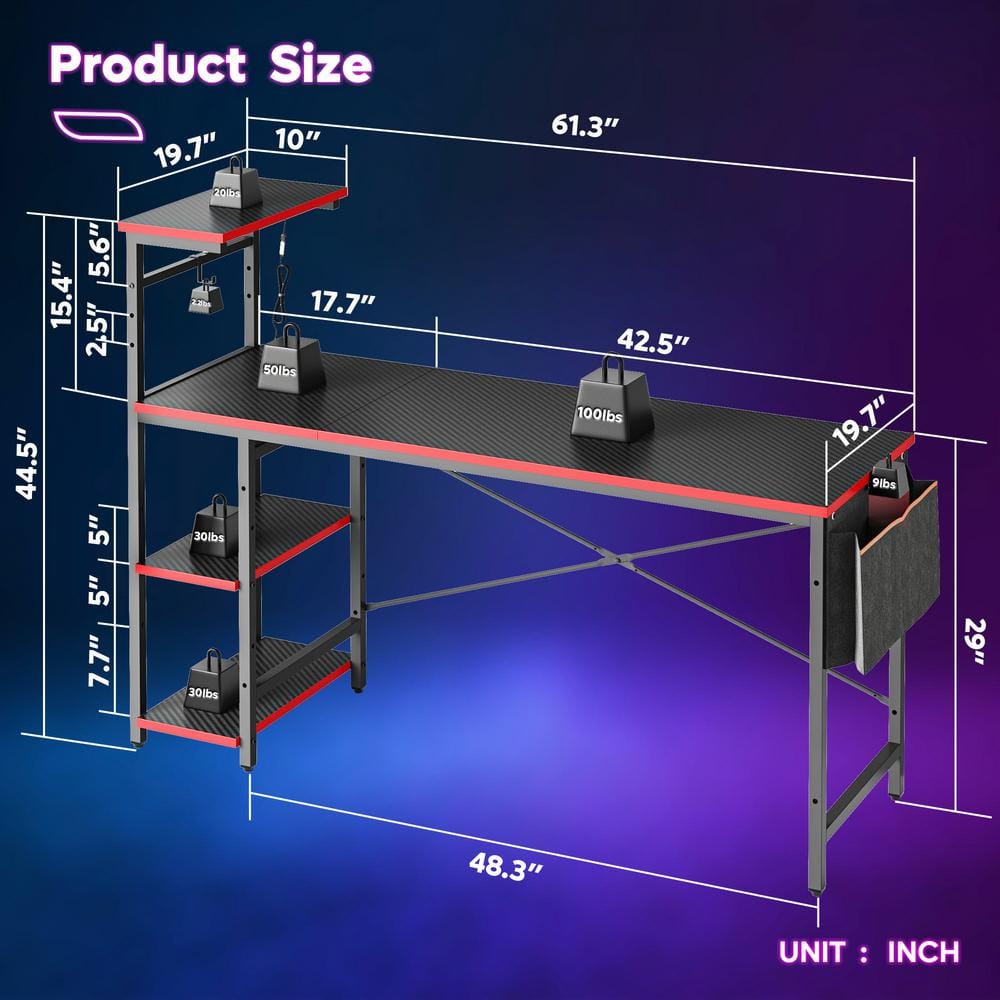 Black Carbon Fiber Gaming Desk with LED Lights and Shelves