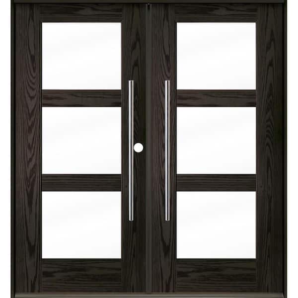 Krosswood Doors Faux Pivot 72 in. x 80 in. Left-Active/Inswing 3-Lite Clear Glass Baby Grand Stain Double Fiberglass Prehung Front Door
