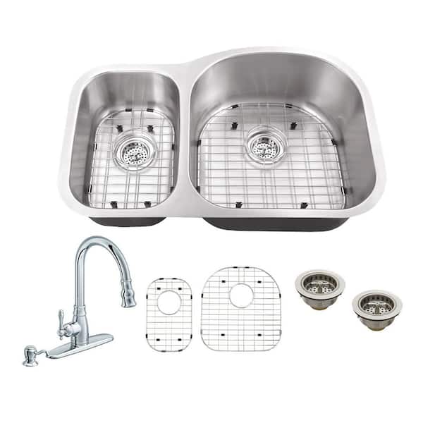 Schon All-in-One Undermount 18-Gauge Stainless Steel 32 in. 0-Hole 30/70 Double Bowl Kitchen Sink with Pull Out Faucet