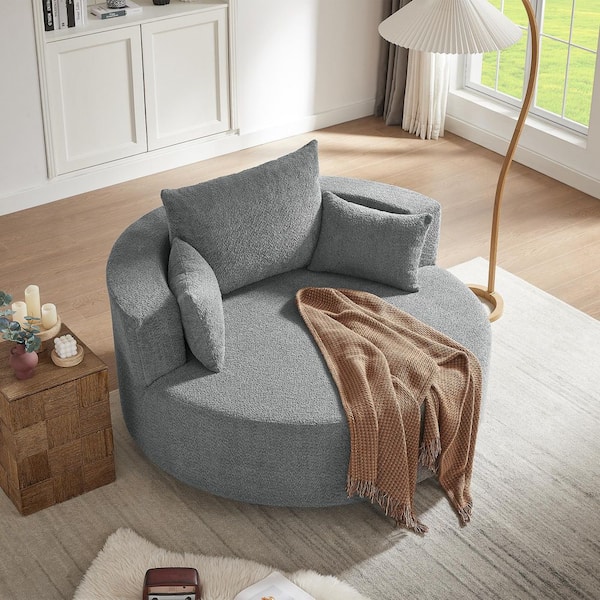 Harper & Bright Designs Gray 360° Swivel Chenille Accent Barrel Chair with 3 Removable Pillows, Round Sofa Chair