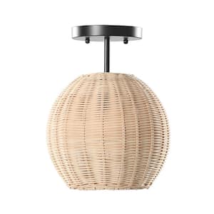 Bonnie 9.3 in. 1-Light Black Semi-Flush Mount with Handmade Woven Rattan Shade for Dining Room Living Room