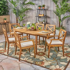 Pines Teak Brown 7-Piece Wood Outdoor Patio Dining Set with Cream Cushions