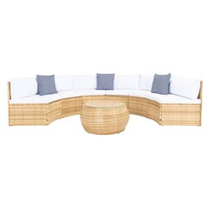 Jesvita Natural Wicker Outdoor Patio Sectional with White Cushions and Navy Pillows