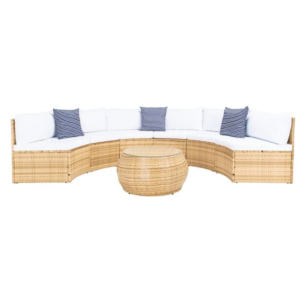 SAFAVIEH Jesvita Natural Wicker Outdoor Patio Sectional with White Cushions and Navy Pillows