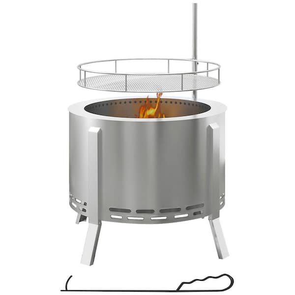 Unbranded Portable Wood Charcoal Grill Burning Firepit, 19 in., Silver Stainless Steel with Cooking Grate and Poker