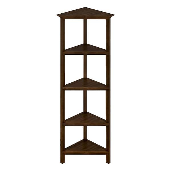 Edenton 60 in. Walnut Wood 4-Shelf Corner Bookcase with Open Back