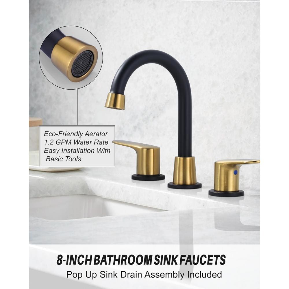 8-Inch Black and Gold Double Handle Widespread Bathroom Faucet