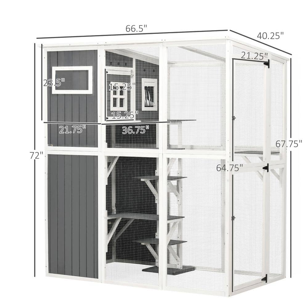 Large Dark Gray Wooden Outdoor Cat Enclosure with Perches