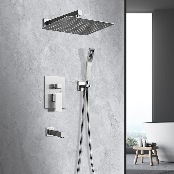 Rain Single Handle 1-Spray Tub Shower Faucet Handheld Combo with Valve 1.8 GPM 12 in. Adjustable Head in Brushed Nickel
