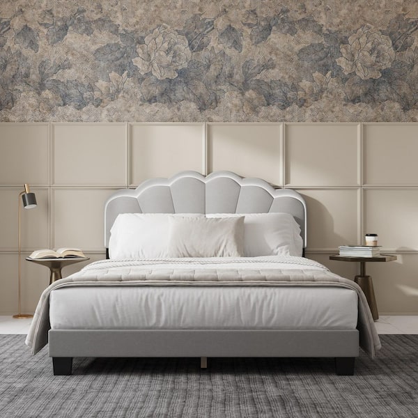 Light Gray Wood Frame Queen Size Platform Bed, Panle Bed, Upholstered Bed with Headboard & White LED Light