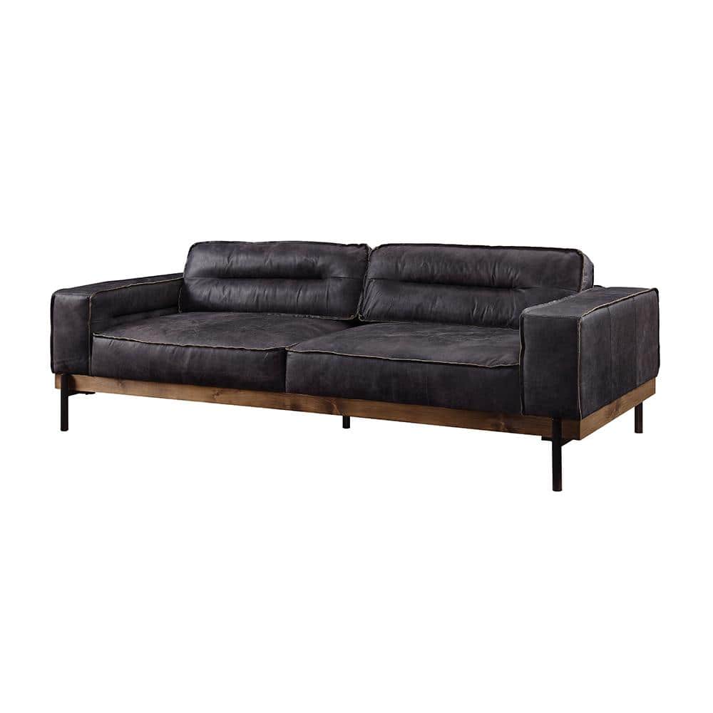 Antique Ebony Leather Sofa with Wooden Trim and Track Arms