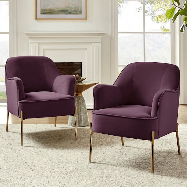 JAYDEN CREATION Nora Modern Purple Velvet Accent Arm Chair with Gold Metal Legs (Set of 2)