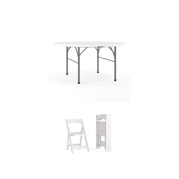 Scarborough 60.5 in. Round White Plastic Bi-Fold Table and Hercules White Resin Folding Chairs (4-Count) Combo