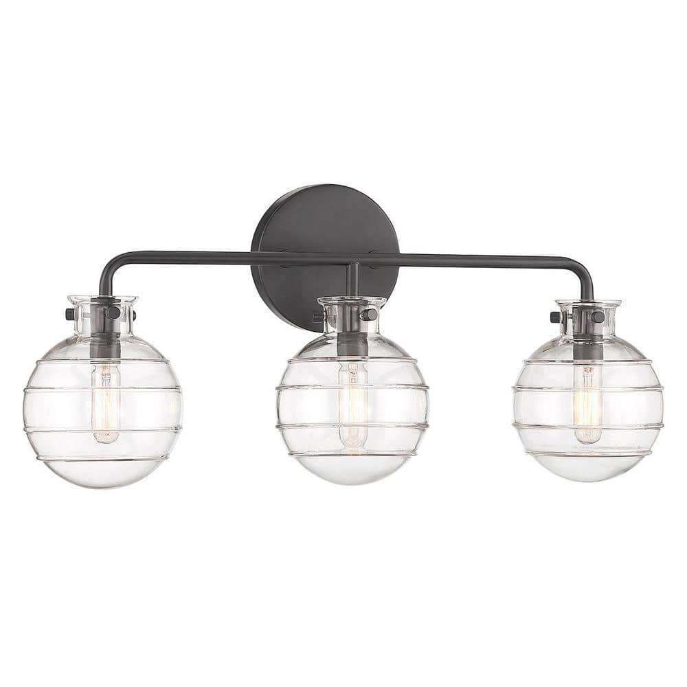 Matte Black 3-Light Vanity Light with Clear Swirl Glass Shades