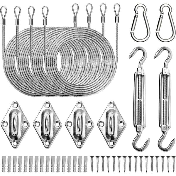 44-Piece 304 Stainless Steel Sun Shade Sail Hardware Kit with Cable Wire Rope for Rectangle Square Triangle Shade Sail