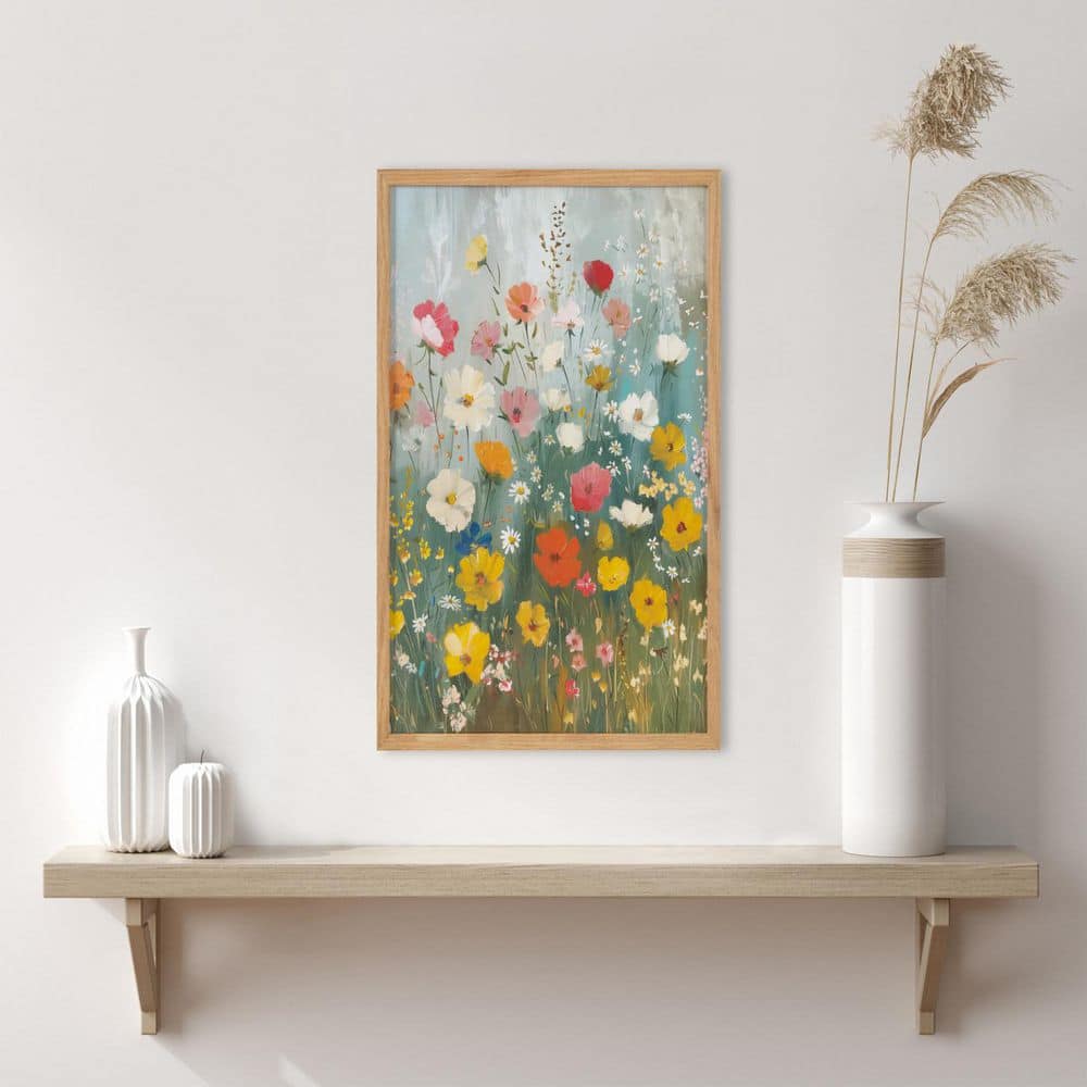 Natural Boho Wildflower Garden Print in Solid Wood Frame