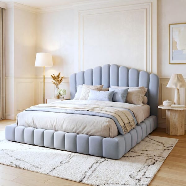 Polibi Light Blue Wood Frame Queen Platform Bed with Shell-Shaped