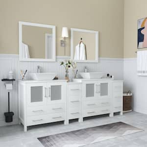 Ravenna 84 in. W Bathroom Vanity in White with Double Basin in White Engineered Marble Top and Mirrors