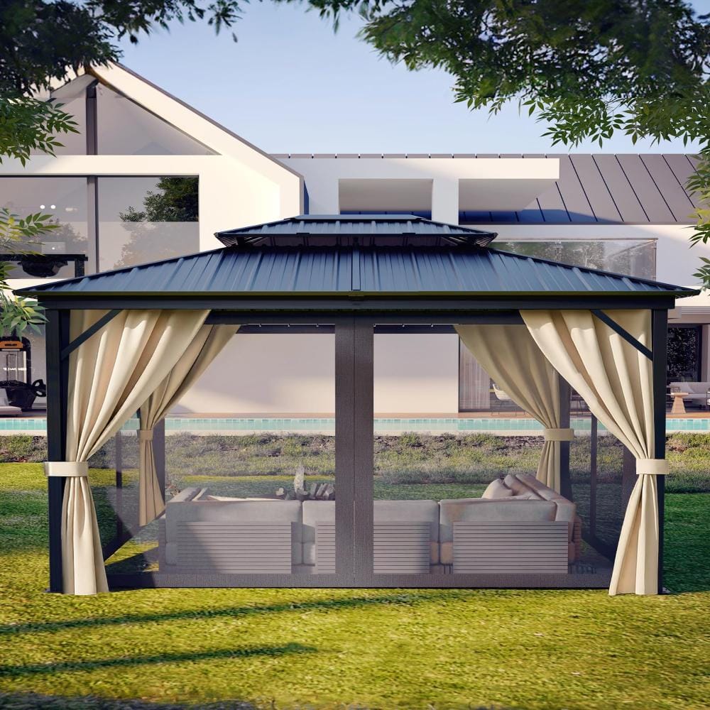 10x14 FT Hardtop Gazebo, Double Metal Roof, Aluminum Frame, Net & Curtains, Khaki price history on PriceWatchPro