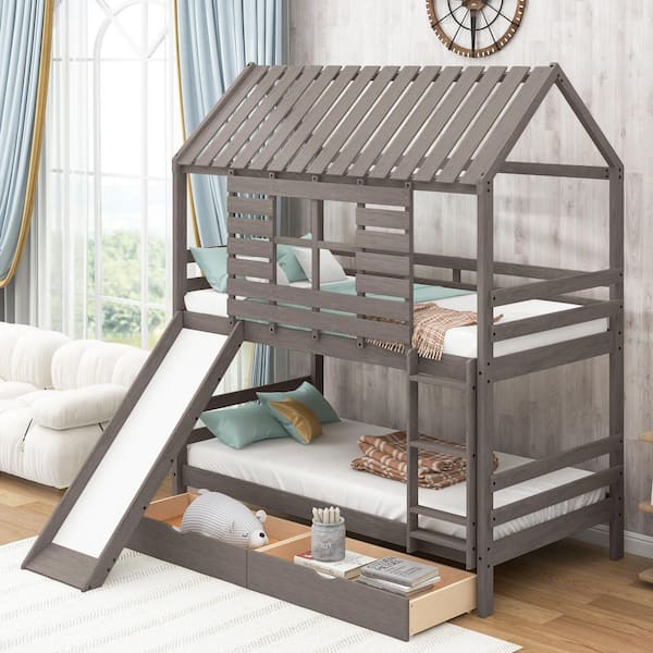 GOJANE Antique Gray Twin Over Twin Size House Bunk Bed with Convertible Slide and 2-Drawers