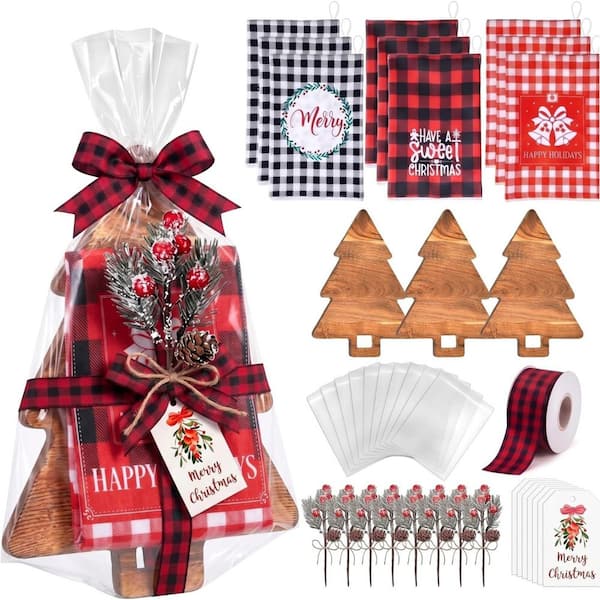 9-Set Christmas Tree Shaped Wood Cutting Board and Kitchen Towel Gift Set with Pine Branches Ribbon