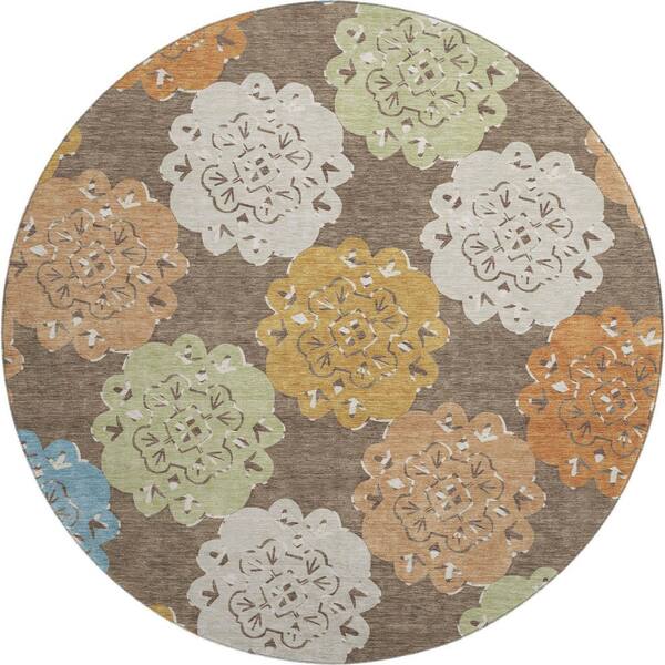 Mayfield Premium Machine Washable Abstract AMF2353 Chocolate 8 ft. x 8 ft. Round Rug