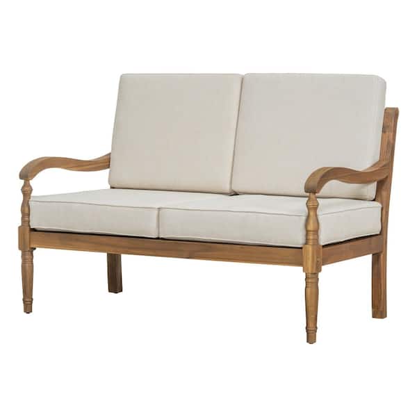 Gavin Natural Finish Solid Wood Patio Outdoor Loveseat with Beige Cushions, Carved Curved Lattice Backrest