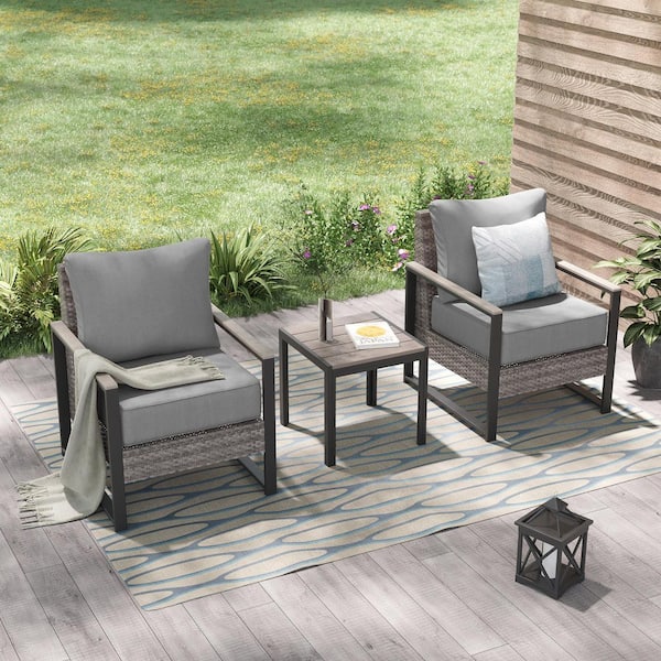 Sonkuki 3 Pieces Patio Conversation Set with Chairs and Side Table Gray PE Wicker Patio Furniture with Gray Cushion