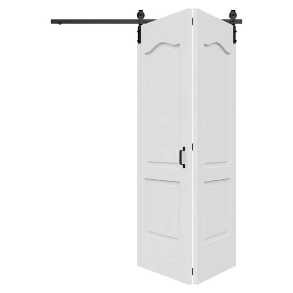 64 in. x 84 in. Arch Panel 2-Lite Primed Hollow Core Finished MDF Composite Bi-Fold Door with Bifold Barn Door Hardware