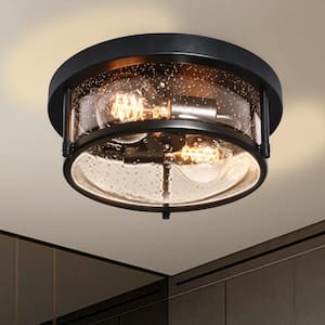 Lumin 11.8 in. 2-Light Matte Black Drum Flush Mount with Seeded Glass Shade Farmhouse Ceiling Light