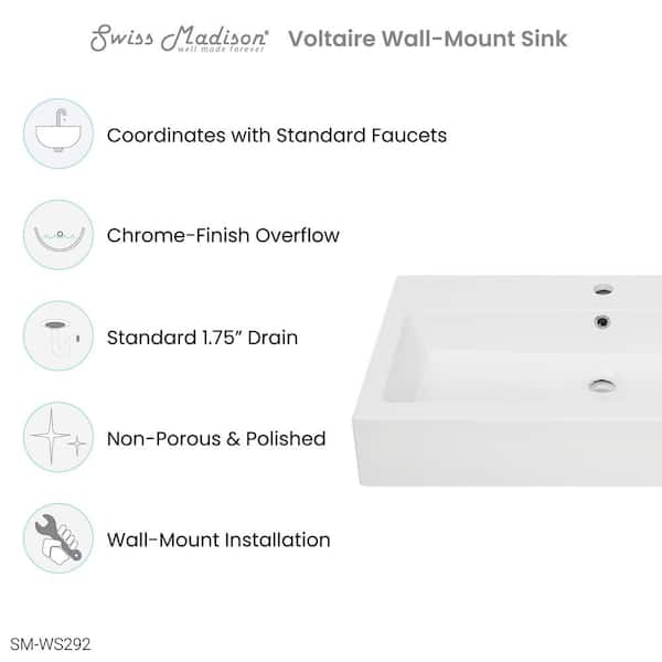 Glossy White Ceramic Rectangle Voltaire Wide Wall Hung Vessel Sink