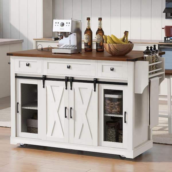 White Wood 58 in. Rolling Kitchen Island with Metal Grid Side Door, Glass Holders, Charging, Drawers and Drop Leaf