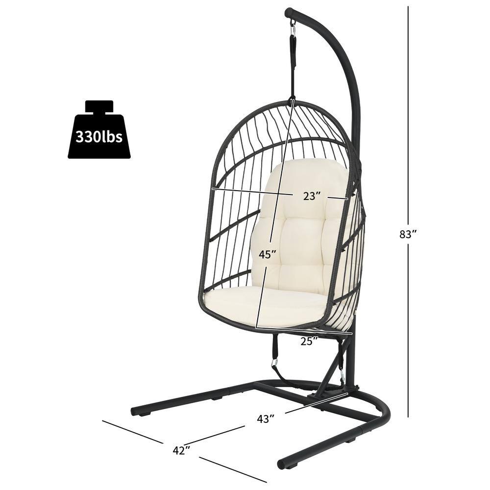 Beige Wicker Hanging Egg Chair with Cushions and Stand