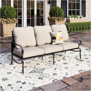 Black Metal Slatted Frame Outdoor Patio 3 Seat Sofa Couch with Beige Cushions