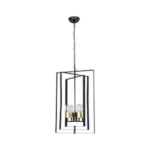 Alaska 4-Light Black Lantern and Candle Style Geometric Black and Gold Pendant With Wrought Iron Accents