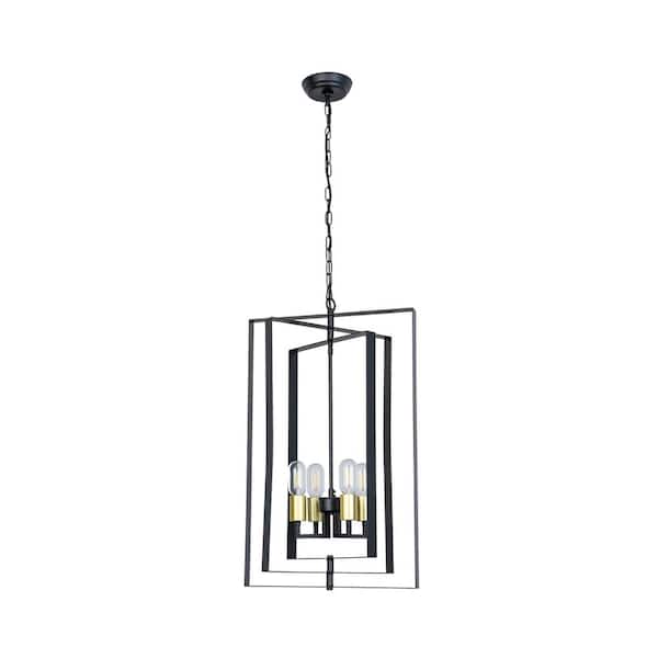 Maxax Alaska 4-Light Black Lantern and Candle Style Geometric Black and Gold Pendant With Wrought Iron Accents