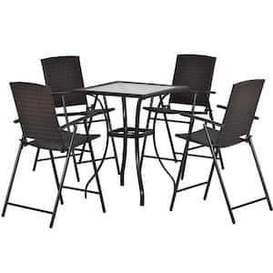 5-Piece PE Wicker Outdoor Dining Set with Umbrella Hole and 4 Foldable Chairs, Brown