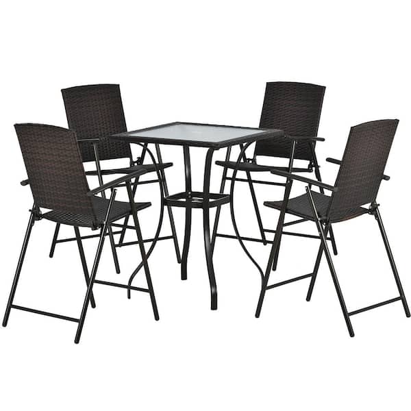 ANGELES HOME 5-Piece PE Wicker Outdoor Dining Set with Umbrella Hole and 4 Foldable Chairs, Brown