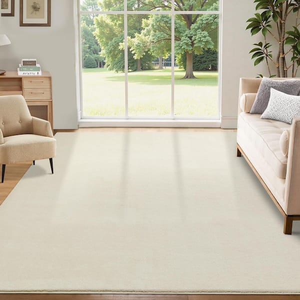 Beige 9 ft. x 12 ft. Solid Thick Shag Soft Washable Indoor Carpet for Living Room Hallway Bedroom Area Rug