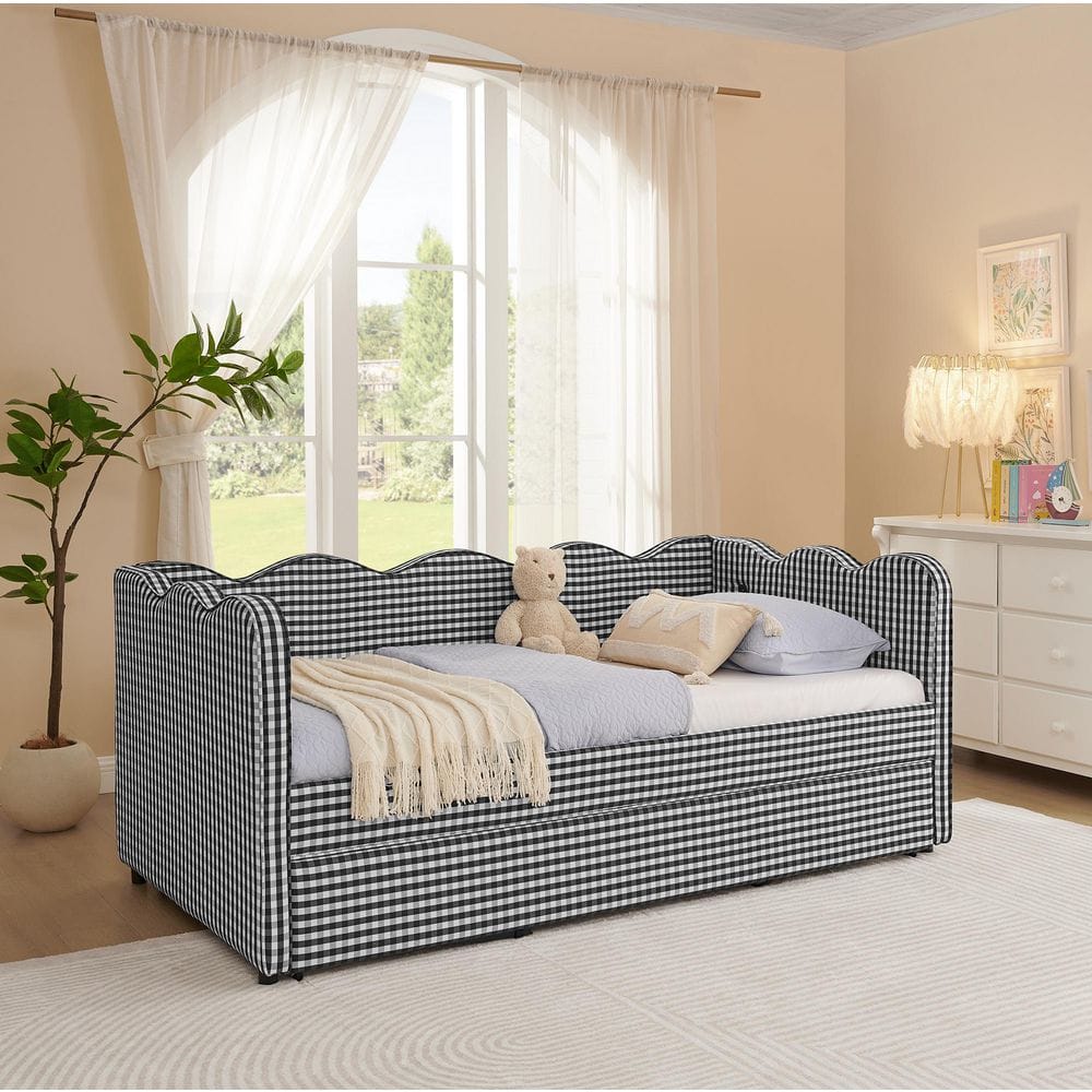 Black Twin Size French Country Gingham Fabric Daybed with Convertible Pop-Up Trundle and USB Ports