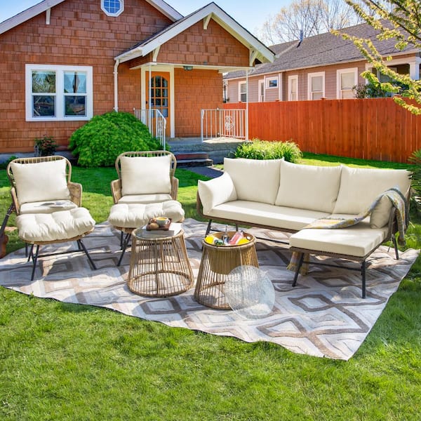 Unbranded 7-Piece PE Wicker Patio Conversation Seating Set Seating Set with Beige Cushion and Ottoman