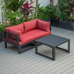 Chelsea Black 3-Piece Aluminum Patio Conversation Set with Red Cushions